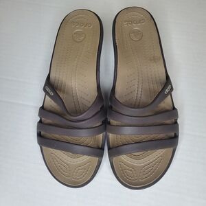 Crocs Rhonda Sandals Womens Size 11 Wedge‎ Strappy Espresso Mushroom Slip On